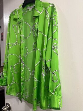 Lime Green Rope-Print Button-Up Blouse